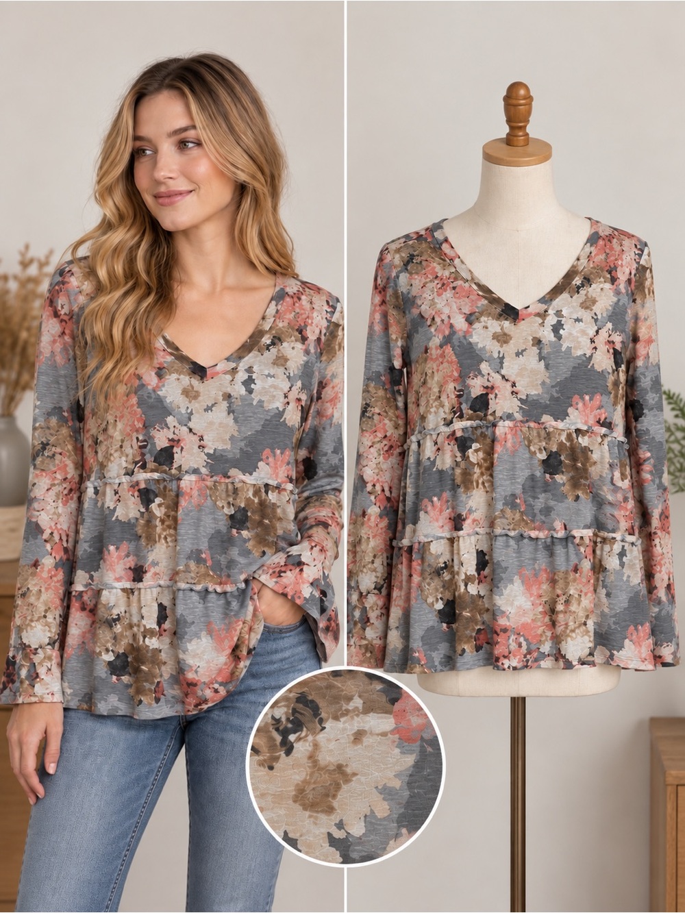 Sew in Love Pastel, Flowy, Tiered, Ruffle, V-Neck Top. Cottagecore, Vintage Look